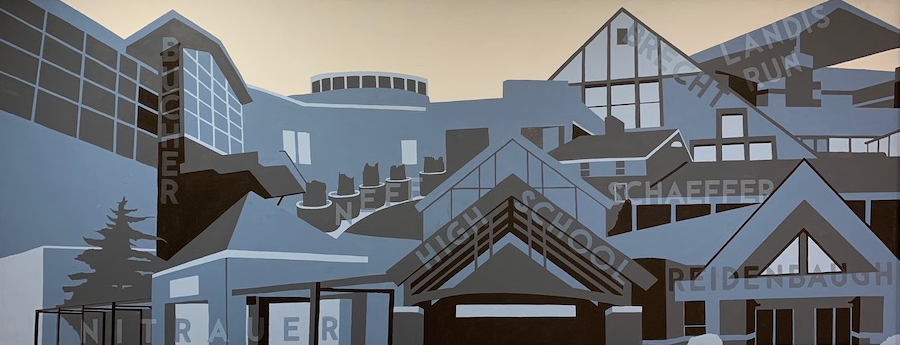 A full view of the MTSD Mural. Includes building names: High School, Middle School, Landis Run, Brecht, Bucher, Neff, Nitrauer, Reidenbaugh, and Schaeffer