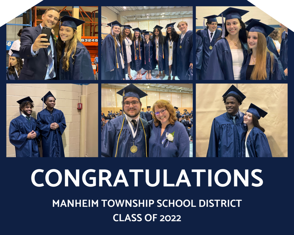 Photo of a collage of images from the class of 2022 graduation. The background is blue and white.