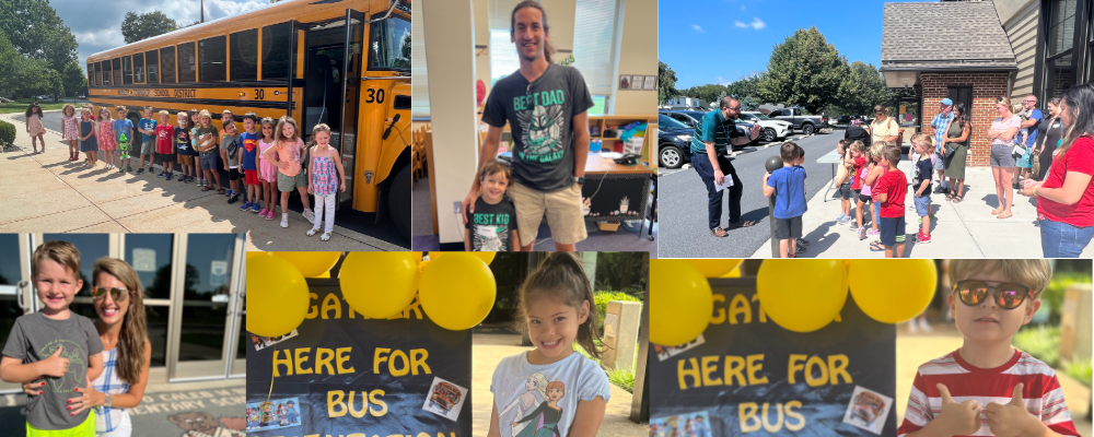Photo collage of students and families posing outside and inside during the Kindergarten Bus Day events.