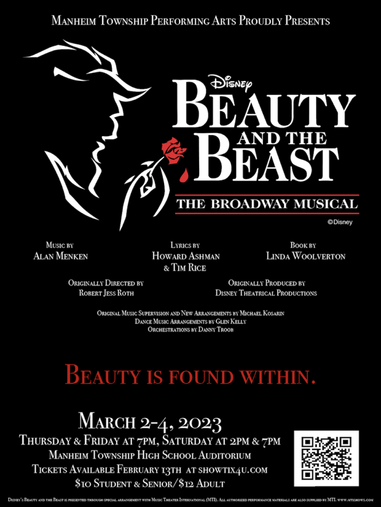 Black and white show poster that promotes the musical Beauty and the Beast!