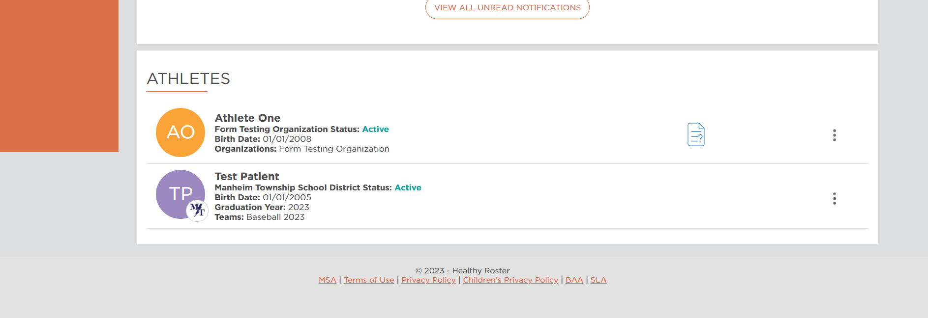 Screenshot of Healthy Roster: select an athlete screen