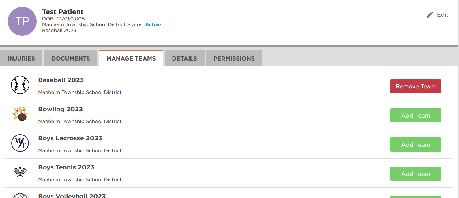 Screenshot of Healthy Roster: team management screen