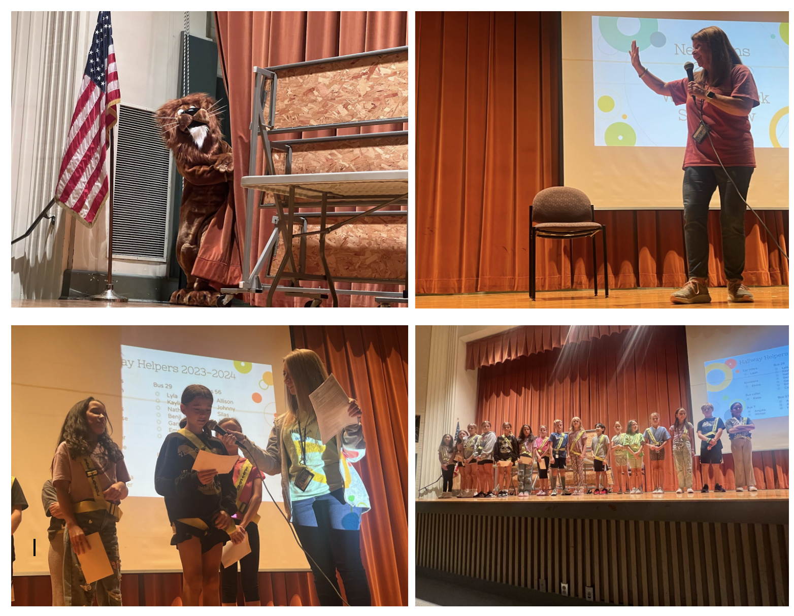 Photos from Neff Elementary School Assembly. It is a picture of a mascot and, and students, and the Principal