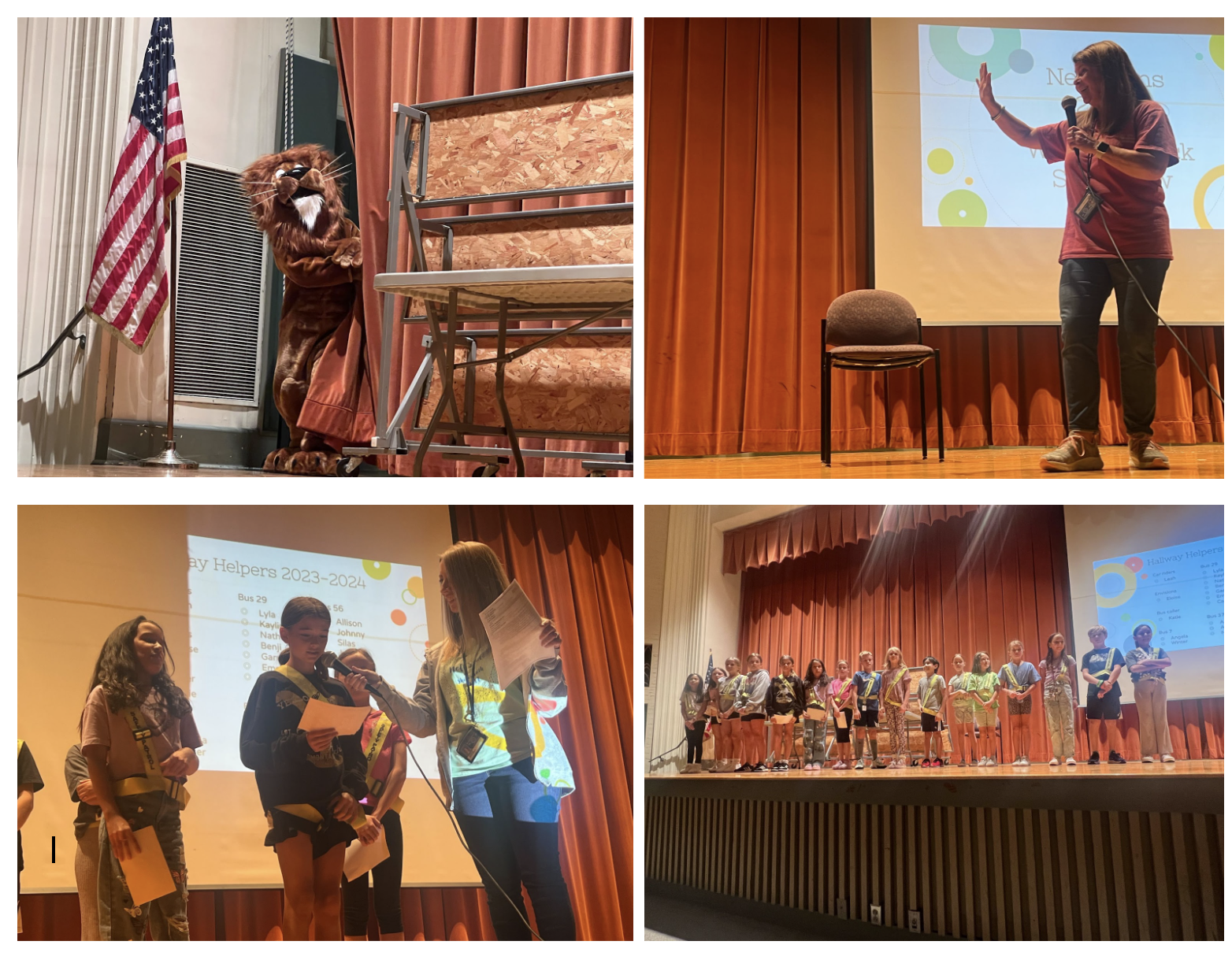 Photos from Neff Elementary School Assembly. It is a picture of a mascot and, and students, and the Principal 