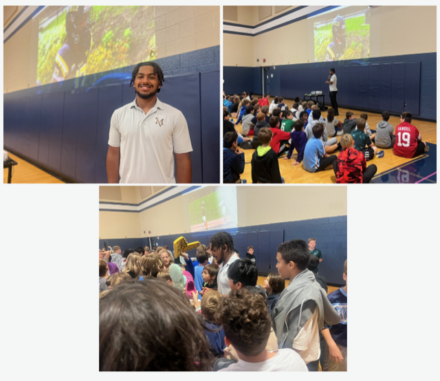 scenes from the assembly where a Millersville student athlete spoke to a group of students in the gymnasium 