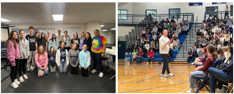 Chris Herren in the high school gym and posing with students 