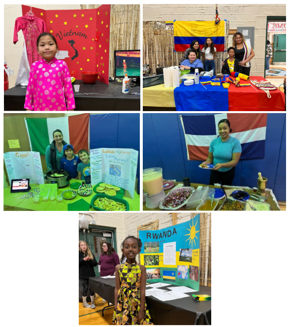  International Night with students and their families posing in front of their family displays