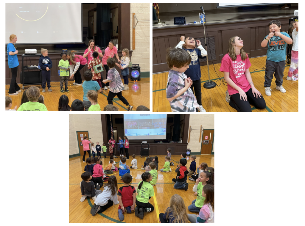 Brecht elementary students playing Minute-to-win-it games with MTHS students