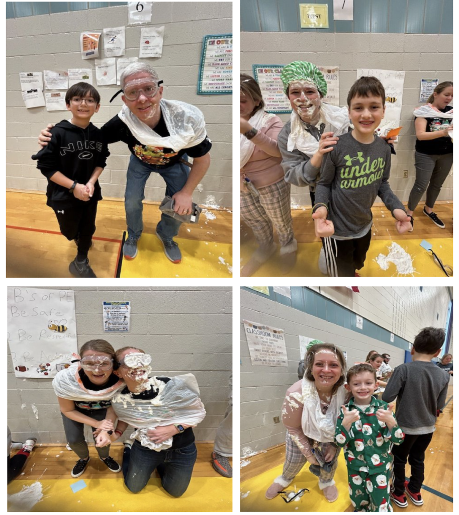 students posing with teachers who got shaving cream pies thrown on their face