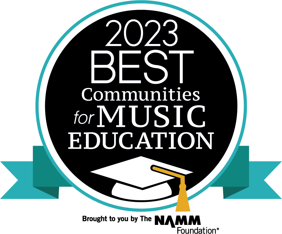 Award Image. Text reads 2023 Best Communities for Music Education, Brought to you by the NAMM Foundation