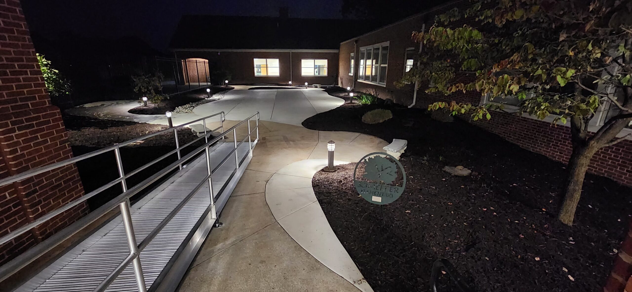 Schaeffer garden and pond at night